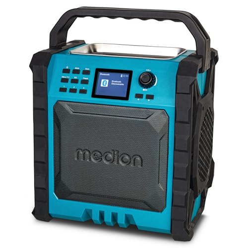 MEDION P66896 Baustellenradio (DAB Plus, DAB+/UKW, integrierter Akku, Farbdisplay, Bluetooth, Powerbank-Funktion, IP54, robust, Zwei Passivradiatoren)