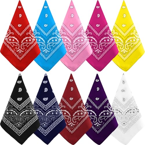NACHLYNN 10 Stück Paisley-Bandanas, verschiedene Bandanas, Cowboy-Stirnbänder aus Polyester, quadratischer Schal, Kopfbedeckung (10, Regenbogenfarbe)