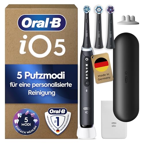 Oral-B iO Series 5 Plus Edition Elektrische Zahnbürste — Electric Toothbrush, Inkl. 3 Aufsteckbürsten und Reise-Etui — 5 Putzmodi für Zahnpflege, Zahnbürste Elektrisch, Designed by Braun, Schwarz