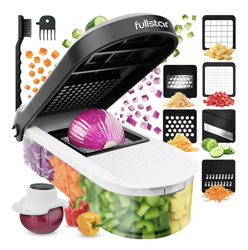 Fullstar Gemüseschneider und Mandoline Gemüsehobel - Julienne- und Würfelschneider für Gurken Zwiebeln Kartoffeln Früchte - Reibe für Gemüse Käse - Küchenzubehör Küchengeräte (6-in-1 Kompakt Weiß)