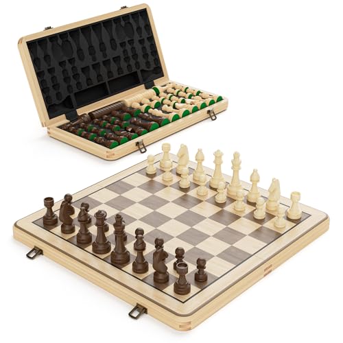 38 cm Holz Klapp-Schach- und Dame-Set, 2-in-1 Brettspiel, 7,6 cm König Staunton Figuren, 2 zusätzliche Damen