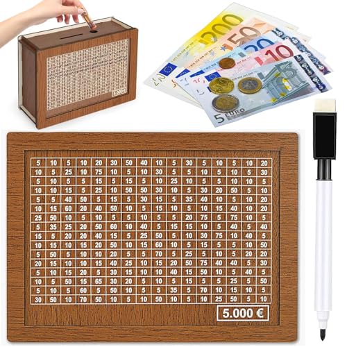 Spardose aus Holz - spardose mit zähler für 5000 Euro, Wiederverwendbare Spardose mit Sparziel und Zahlen zum ankreuzen, Retro Sparbüchse Aufbewahrungsbox für Erwachsene und Kinder