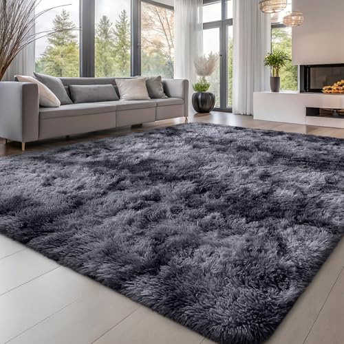 smiry Hochflor Teppich Wohnzimmer, Waschbar Anti-Rutsch Moderner Flauschiger Kuscheliger Teppich für Wohnzimmer Deko, Schlafzimmer, Kinderzimmer, 160 x 220 cm, Hellgrau