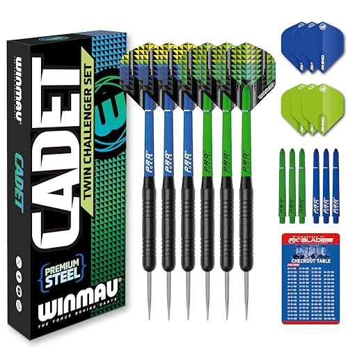 WINMAU Darts Cadet Twinset - Premium-Stahl - 19g Steeldarts-Set mit Dart Flüge und Dart-Schäften (Stielen) inkl. Punktekarte