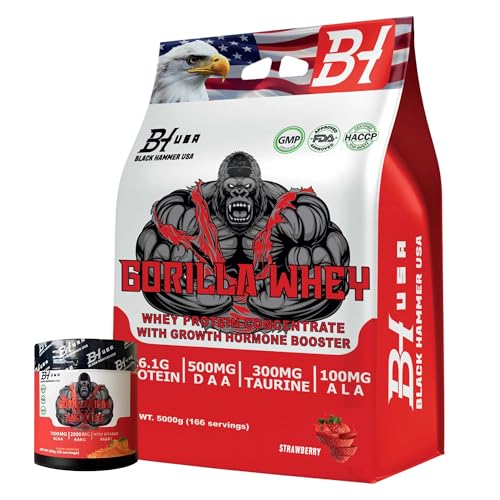 Gorilla Whey Protein – Premium Whey for Muscle Growth, Strength & Recovery | High Protein, Low Sugar | Fast Absorption Free Gorilla BCAA Gift | Black Hammer USA (5000g, Erdbeere)