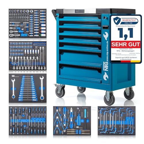 NTG WERKZEUGWAGEN GEFÜLLT MIT Werkzeug – Abschließbarer Werkstattwagen mit 7 Schubladen – 252-teilig, Davon 6 bestückt – Soft Inlays in Carbonoptik – Robuster Werkzeugkasten & Werkzeugkiste