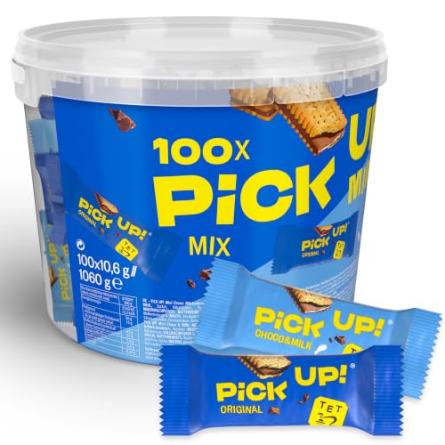 PiCK UP! minis Original + Choco&Milk (1 x 1.06 kg), Mini-Keksriegel mit knackiger Milchschokoladentafel zwischen zwei Keksen in 2 Sorten, 100 Portionspackungen