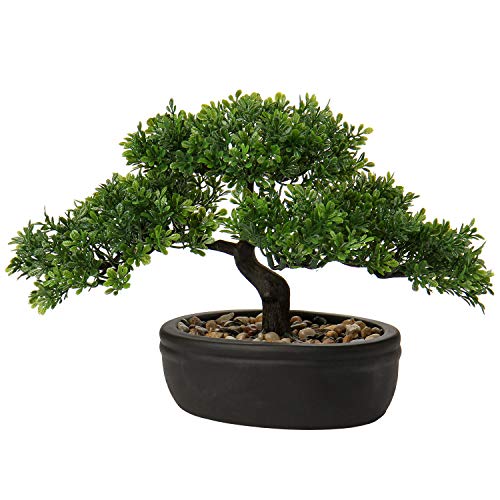 Briful Kunstbonsai Naturgetreue Künstliche Pflanze Kunstbaum Bonsai Zeder Kiefer Podocarpus Plastik Pflanze Kunstpflanze mit Keramik-Übertopf in Schwarz für Baddeko Desktop Büro Fensterbank