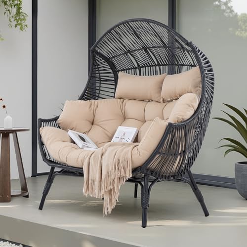 IRONCK Doppel-Ei-Sessel für draußen, 2-Personen Korb-Lounge-Stühle mit extra dicken Polstern & Kopfstützen, 308 kg belastbarer Loungesessel für Wohnzimmer, Terrasse, Balkon, Garten