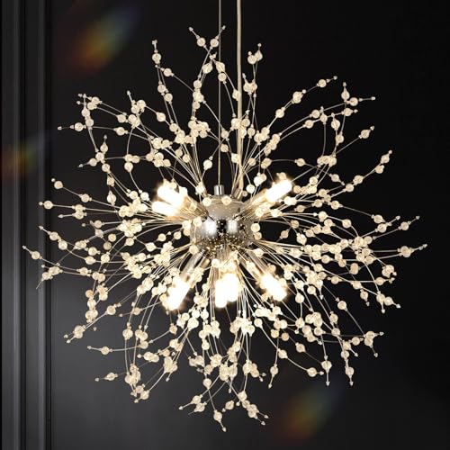 KUNYEEE Moderne Feuerwerks-Kronleuchter Dandelion Pendelleuchte, Chromsilber 8 Leuchten G9 Leuchten, Kristall-Kronleuchter-Leuchte für Wohnzimmer, Schlafzimmer, Esszimmer, Foyer, Flur, Φ45 cm