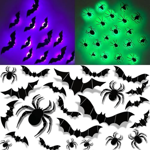 48 Stück Halloween 3D Fledermaus Deko Mit LED,Halloween Deko 3D Spinne Lichter,3D Spinnendekorationen,halloween Wandaufkleber Fensterdeko,Wandaufkleber Helloween Dekoration,Deko Innen fledermaus