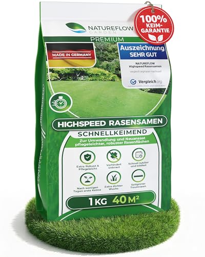 Rasensamen Schnellkeimend Frühjahr – TEST SEHR GUT – Grassamen Schnellkeimend für Rasen & Rasen Nachsaat 1kg 40qm – Rasensaat für Nachsaat Rasen Frühjahr, Saisonstart, kräftiges Wachstum