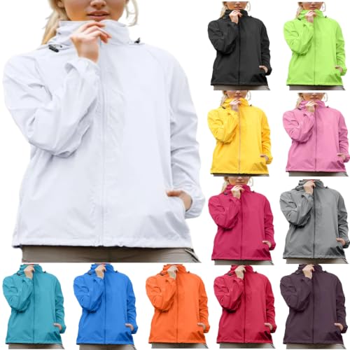 SKFLABOOF Regenjacke Damen Wasserdicht Atmungsaktiv Regenmantel Leichte Fahrradjacke Outdoor Übergangsjacke Softshelljacke Windbreaker mit Kapuze für Wandern Fahrrad Weiß M