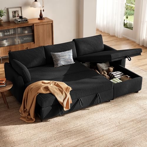 HOMRELEXA Ecksofa mit Schlaffunktion, Cord-Bezug Schlafcouch in L-Form, Schlafsofa Ausziehbar, Ausziehbares Sofa mit Stauraum, Umkehrbare Chaiselongue (Links & rechts), Schwarz