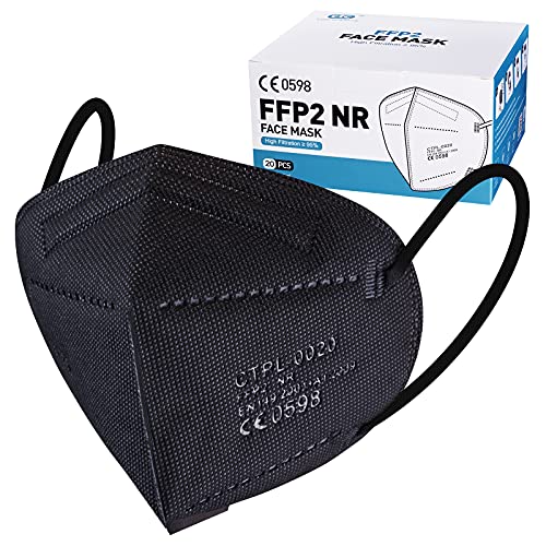 Nufasion 20 Stück FFP2 Masken Schwarz CE0598 Zertifizierung Mundschutz FFP2 Filtr-rate â‰¥ 95 5-Lagige Maske, Einzeln verpackte KN95/FFP2 Maske atmungsaktive, Mit verstellbarem Nasendraht FFP2 Atemsc