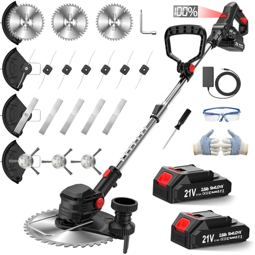 SMILOVII Rasentrimmer mit Akku 21V, 4-in-1 Freischneider & Motorsense 24000 RPM, Rasenkantenschneider inkl. 2X 2.0Ah Batterien, Rädern, 90° drehbarer Kopf & LCD-Anzeige