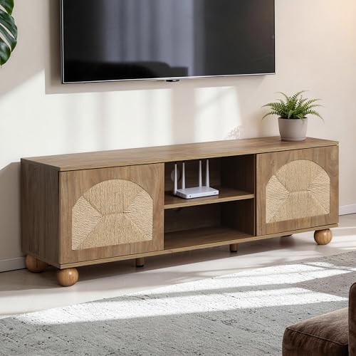 Hometopia TV-Schrank aus Holz, Fernsehtisch, Lowboard für Fernseher bis zu 65 Zoll, 2 Türen Lowboard mit Flecht-Front, Wohnzimmerschrank offenen Ablagefächern, naturfarben,140 × 48 × 40 cm