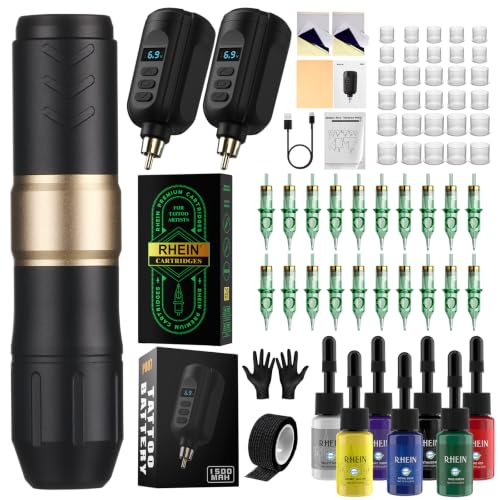 RHEIN Tattoo Maschine Set mit 2PCS 1500mAh Akkus Power 20PCS Tattoo Cartridges 7 Colours TattooFarbe Kabellos Pen Machine Komplettes Tattoo Zubehör RN-TK2002EU-1
