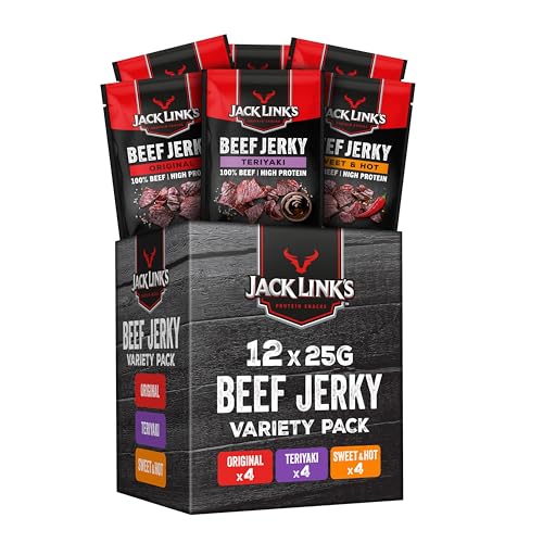 Jack Links Beef Jerky Mischkarton – 12er Pack (12 x 25g) – Trockenfleisch Eiweiß Snacks - High Protein Snack für Gym, Fitness, Outdoor - American Food für Menschen - Dörrfleisch Chips aus Rind Fleisch
