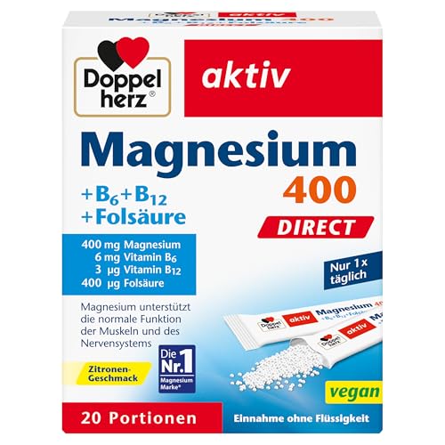 Doppelherz Magnesium 400 + B6 + B12 + Folsäure DIRECT - Magnesium unterstützt die normale Funktion der Muskeln und des Nervensystems - 20 vegane Portionen