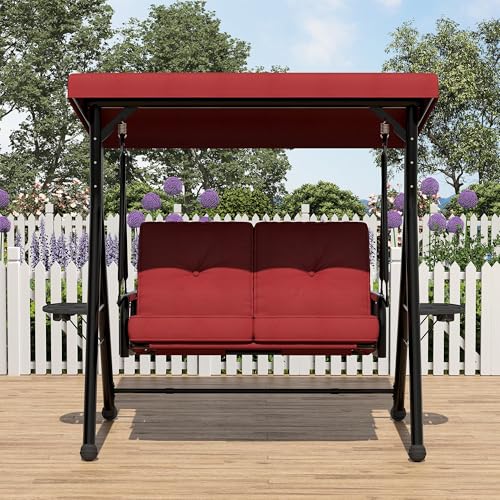 Hollywoodschaukel 2-Sitzer Mit Verstellbarem Sonnendach & Standgestell, Gartenschaukel Mit Abnehmbarem Kissen, Getränkehaltern & Klapptisch, Wasserabweisend Für Terrasse Garten Balkon, Bis 280kg, Rot
