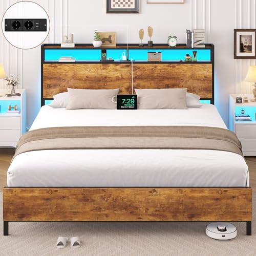 Brinlawb Bett 120x200cm mit LED Beleuchtung und 2 USB+2 AC Steckdose Metallbett Bettgestell 120x200 mit Metallrahmen &Holzkopfteil mit Stauraum, Bettrahmen Doppelbett Robust und Stabil Leichte Montage