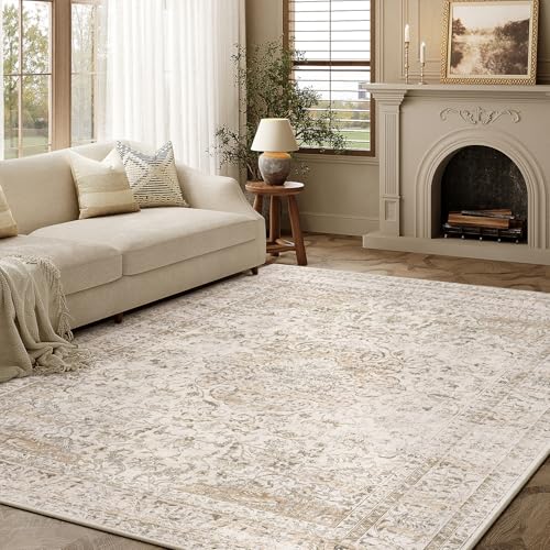 HUGEAR Waschbarer Beige Vintage Teppich Wohnzimmer 140x200cm Retro Rugs for Living Room Weich rutschfest Groß Tepich Kurzflor Schlafzimmer Carpet Living Room Bedroom Esszimmer Teppiche Büro