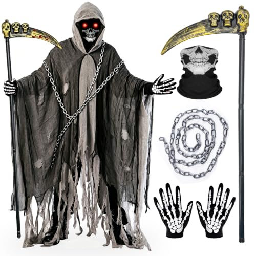 CHMMY Sensenmann Kostüm Halloween, Sensenmann Herren Geister Kit mit Sense, Skelett Handschuhe, Ketten und Vintage Horror Umhang, Tod Kostüm für Halloween Party Karneval Cosplay
