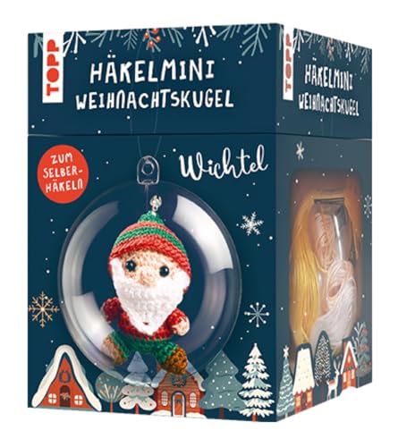 TOPP Häkelmini-Weihnachtskugel Häkelset Wichtel: Anleitung, Garn (100% Baumwolle) in 5 Farben, Häkelnadel (1,5 mm), Kunststoffkugel (7 cm), Füllwatte, Perlen, Glöckchen, White