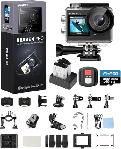 AKASO Brave 4 Pro Action Cam 4K30FPS 20MP mit 128GB U3 Speicherkarte 40M Unterwasserkamera Ultra HD Touchscreen 170 ° Weitwinkel, EIS Stabilisierung, 5X Zoom, 2.4G Fernbedienung und 2 Akkus 1350mAh