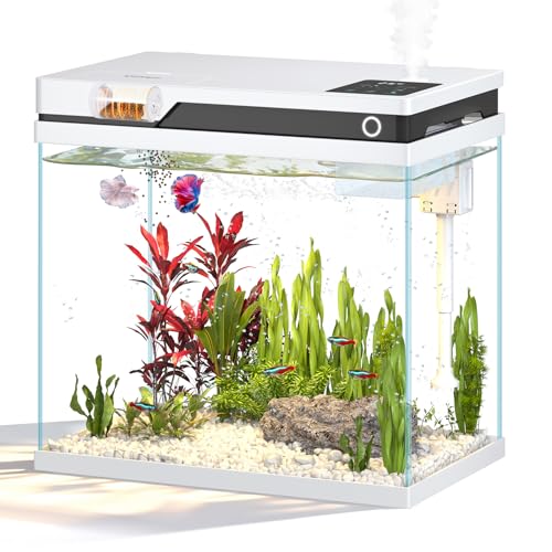 Vehipa 26L Mini Aquarium Komplettset, Nano Aquarium mit geräuscharmer 4-in-1-Pumpe, Automatischer Futterstation, Temperaturanzeige, Einstellbarer Acht-Farben-Beleuchtung und Luftbefeuchter