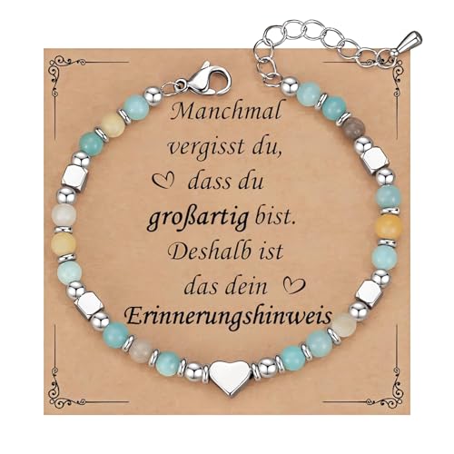 Herz Silber Armband Damen Geschenk - Einstellbar Edelstahl 4MM Natursteine Kugelarmband, Frauen Armbänder mit Herz Charm, Freundin Schwester Mutter Schmuck Geschenke für Valentinstag Geburtstag
