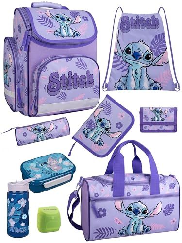 Familando - Schulranzen Set - 9-teilig mit Lunch-Set - Disneys Lilo und Stitch - Ergonomisch, stabil & mit gepolstertem Rücken - 930g leicht - 15L Volumen - Mit Reflektoren - ab 1. Klasse
