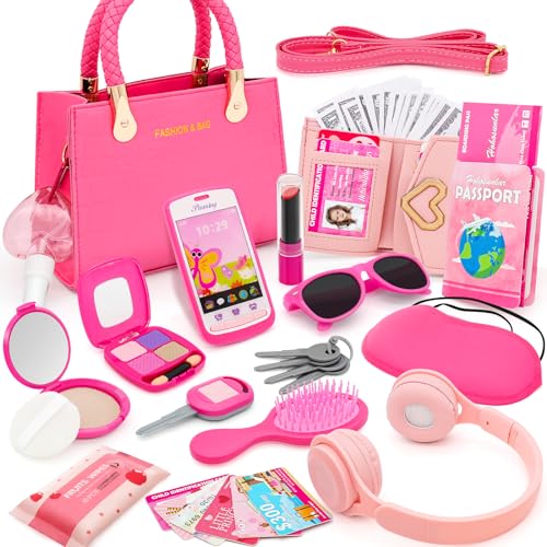 Hohosunlar Mädchen Handtasche mit Falsches Make-up-Spielzeug für Kinder, Kopfhörer, Geldbörse, Telefon, Sonnenbrille, Schlüssel, Kreditkarten, Geschenk für Mädchen 3+