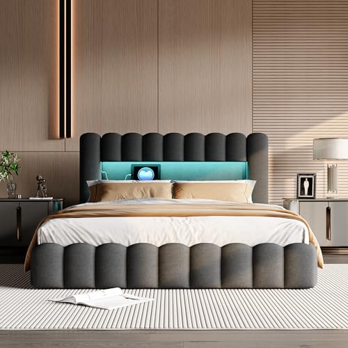 Polsterbett 180x200, Bubble Bett mit Hydraulischem Stauraum, USB-Ladefunktion und LED-Beleuchtung, Doppelbett, Die Unterseite des Bettgestells ist mit Vliesstoff abgedichtet, Grau Leinen,Ohne Matratze