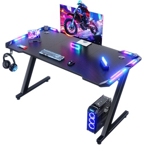 Devoko 120 x 60 cm Gaming Tisch, Gaming Schreibtisch mit LED, Kohlefaser-Oberfläche, Ergonomic Gamer Tisch with Drink Holder, Headphone Hook, Stabiler Computertisch