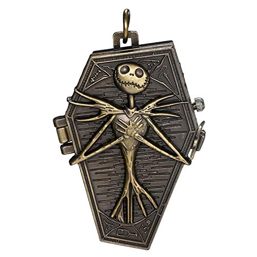 JewelryWe Herren Taschenuhr Vintage Retro Schädel Skull Skelett Fright Burton's Nightmare Before Christmas Quarz Analog Uhr mit Kette Halskette Bronze