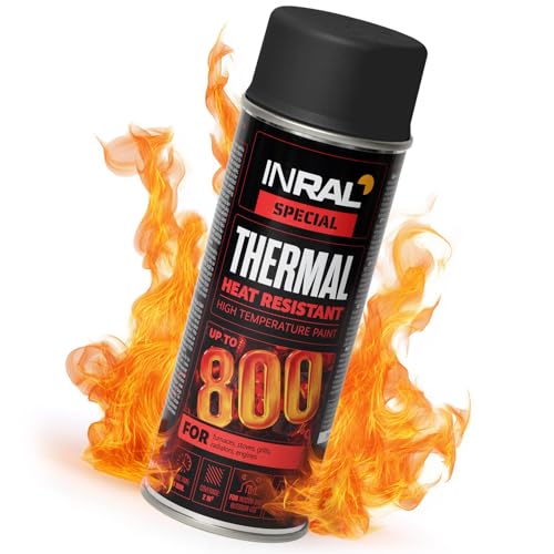 INRAL Hitzebeständiger Lack Schwarz –Auspufflack Schwarz Matt für Metalloberflächen - Langlebige, Hitzebeständige Farbe – 400 ml Schnell Trocknender Ofenlack Schwarz Matt für Heimwerker