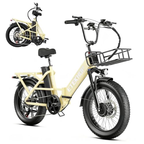 DESHENG D20PRO Folding Electric Bike 20 Inch, E-Bike for Men and Women, 36V 42.4Ah Dual Removable Batteries, Dual Motor, Hydraulic Disc Brakes (Beige)