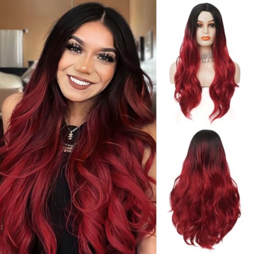 Siudus Damen Rot Lange Lockige Wellige Perücken Natürliche Ombre Schwarz bis Rot Mittelteil Haarperücke für Halloween Cosplay Gebrauch