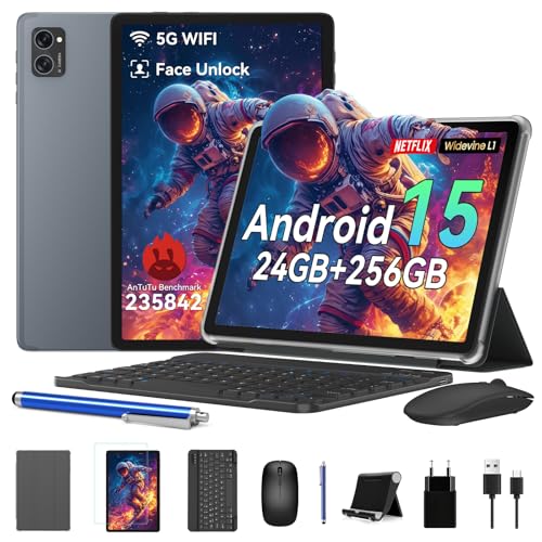 BESTTAB T20 Tablet 10 Zoll mit Tastatur Maus, Android 15, 24GB RAM + 256GB ROM (TF 2TB), 2 in 1 Arbeits-Tablet PC Set mit Hülle & Stift, Octa-Core, 5G WiFi, Widevine L1, GMS Zertifiziert, Grau