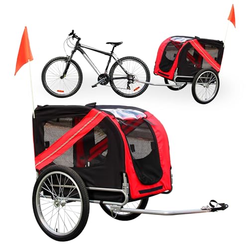 Wiltec Hunde Fahrradanhänger 220x700x78cm rot-schwarz mit Sicherheitsdrehkupplung, Lastenanhänger Fahrrad mit Fliegengitter & Regenschutz