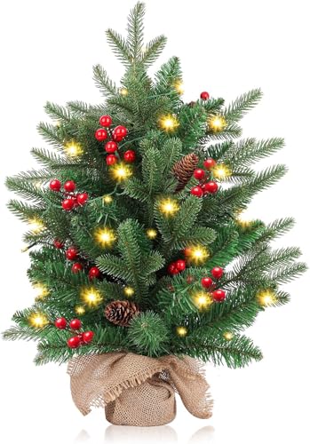 FGHB Weihnachtsbaum, 50 cm künstlicher Weihnachtsbaum mit 75 Zweigspitzen, weihnachtsbaum mit beleuchtung mit 2 m LED-Lichtern, Zementsockel, für Weihnachten Deko