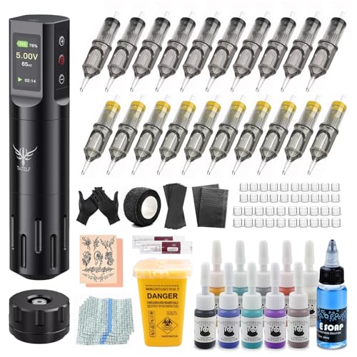 TATELF Maschine Set Drahtlos Pen mit LCD Display Battery 10 Tinte 20 Stück Nadel RCA Connector Komplettes Zubehör für Anfänger und Künstler