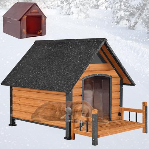 Aivituvin Outdoor Hundehaus mit isolierter Futterung, Wasserdichtes Welpen Schutzhaus, Indoor Hundehütte, beißgeschütztes Design, für kleine bis mittlere Hunde mit Veranda (Braun, L mit isolierter)