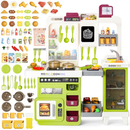 deAO Kinderküche mit Licht, Sound, Wasser & Dampf, Realistische Spielküche ab 3 Jahren – 75-teiliges Zubehör, Eierkocher, Tafel & Grill, L 71 X H 82 cm, Speicherschrank, Spüle, Backofen (Grün)