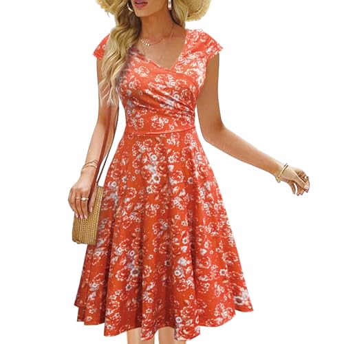 Kleid Elegant Damen Sommer,Vintage Blumen Kleid Orange,Sexy V-Ausschnitt,Knielang und Ausgestelltem Rock Unterteil,Freizeitkleider Strand Holidy, Boho Wrap Dress Knielang-L