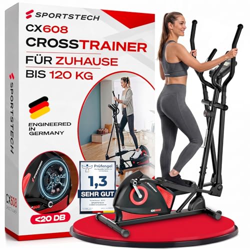 Sportstech CX608 Crosstrainer für Zuhause, leiser Ellipsentrainer mit 8 Widerstandsstufen, 10 kg Schwungrad, LCD Display, Pulssensor bis 120 kg, Fitnessgeräte für Zuhause