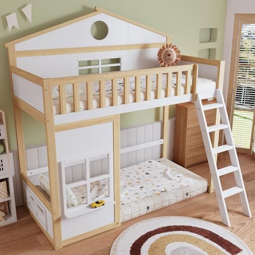 LANTRO JS Hochbett 90x200, Hochbett Kinder mit Dach und Fenster, Kinderbett Frei Gestaltetes Unterbett, Weiß und Natürlich