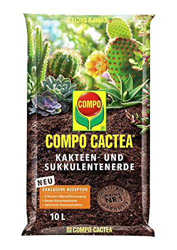 Compo CACTEA Kakteen- und Sukkulentenerde mit 8 Wochen Dünger für alle Kakteenarten und dickblättrige Pflanzen, Kultursubstrat, 10 Liter